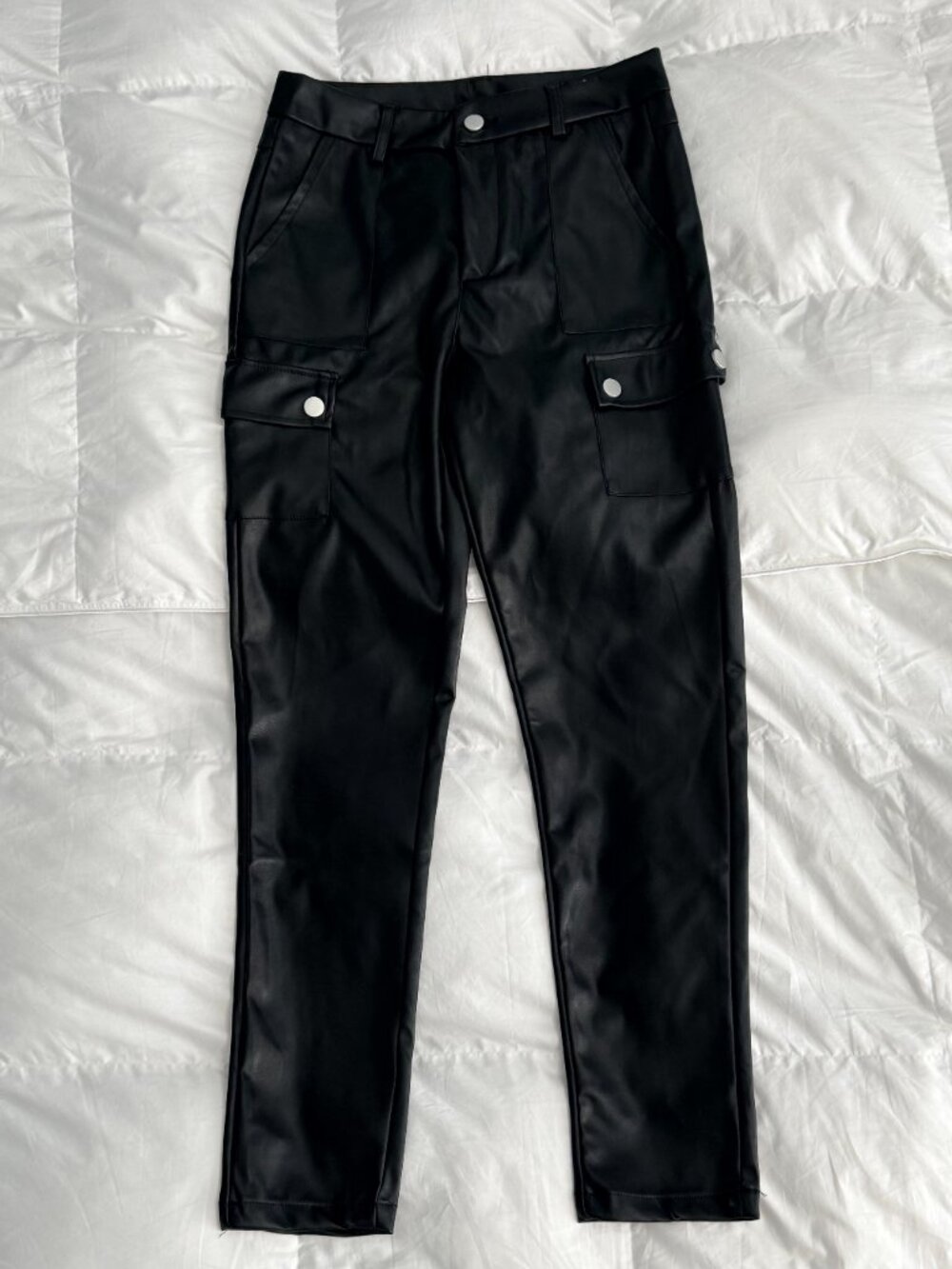 Black Faux Leather Cargo Pants